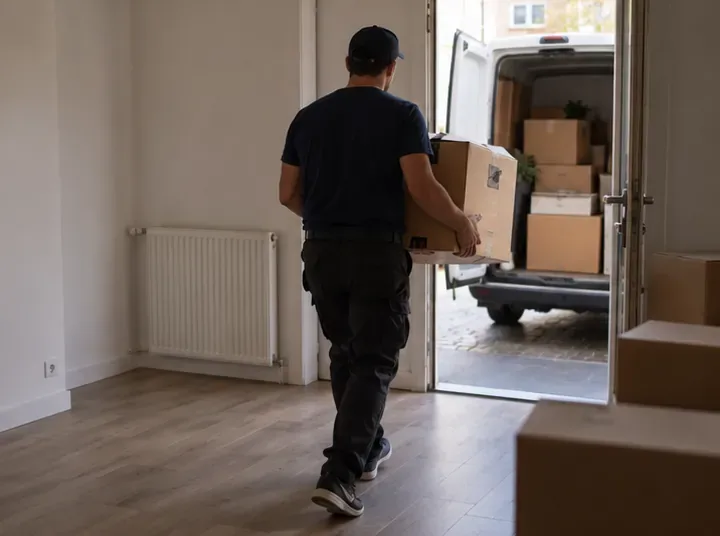 Un déménageur transporte un carton vers un véhicule utilitaire chargé de cartons.