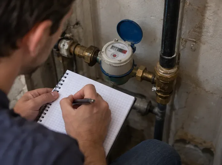 Une personne relève un compteur d’eau et note les chiffres dans un carnet.