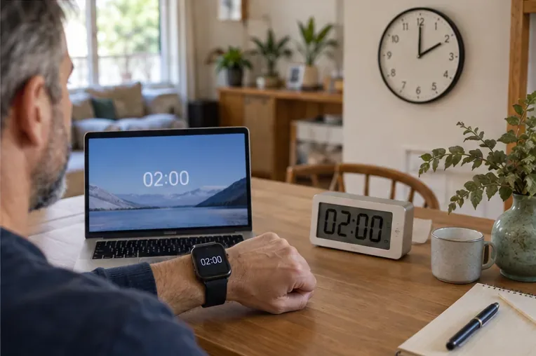 Personne comparant l’heure d’un ordinateur portable, d’une montre connectée et d’une horloge numérique pour effectuer le contrôle final.