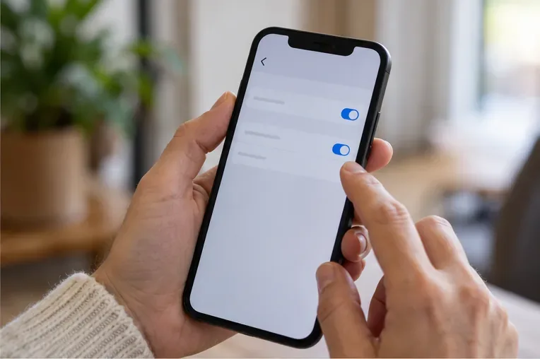 Téléphone tenu en main dans le menu de date et d’heure, avec les réglages automatiques activés avant la bascule saisonnière.