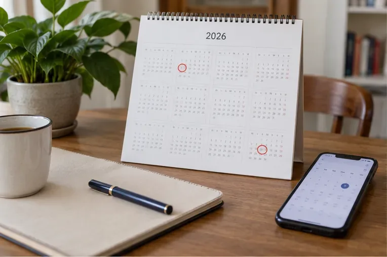 Calendrier 2026 ouvert sur les deux dimanches du changement d’heure, avec un smartphone posé à côté pour préparer les vérifications.