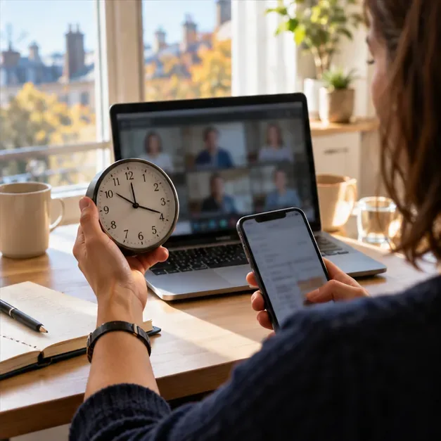 Une personne vérifie une horloge analogique et un téléphone avant une visioconférence sur ordinateur.