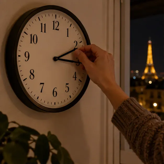 Une main tourne une horloge murale analogique dans un appartement parisien, le soir.