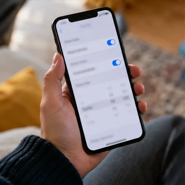 Un téléphone tenu à la main montre un écran générique de réglages de date et d’heure avec des interrupteurs activés.