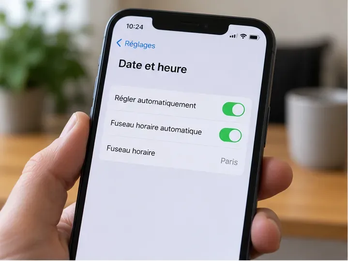 Smartphone affichant les réglages de date et d’heure automatiques avec le fuseau horaire Paris