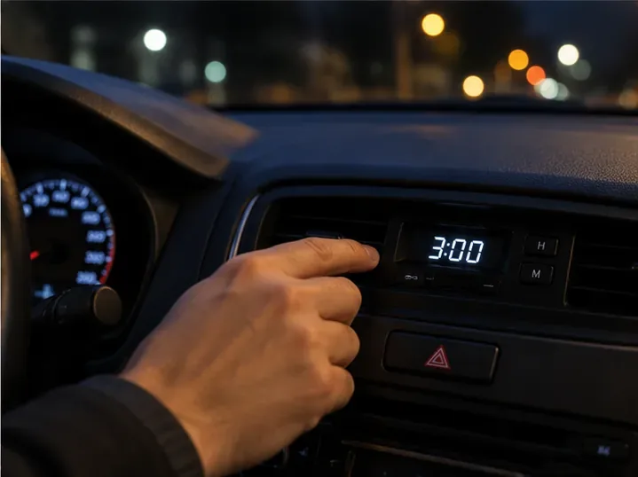 Tableau de bord de voiture avec une horloge numérique et des boutons de réglage de l’heure