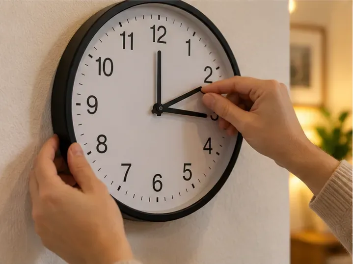 Personne réglant manuellement les aiguilles d’une horloge murale analogique