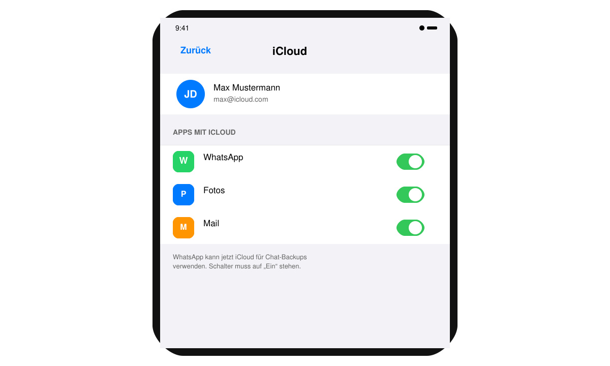 iPhone-Einstellungen mit aktiviertem iCloud-Schalter für WhatsApp
