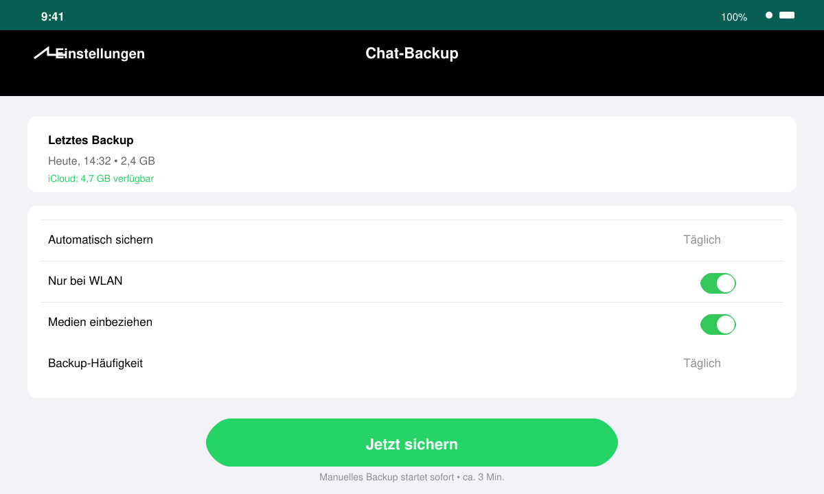 WhatsApp-Chat-Backup-Bildschirm mit „Jetzt sichern“-Button