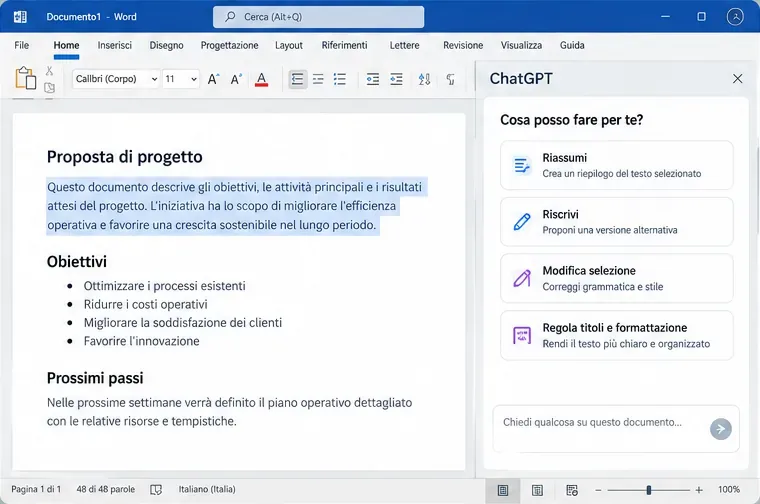 Pannello ChatGPT in Microsoft Word con azioni per riassumere, riscrivere e modificare il testo selezionato.