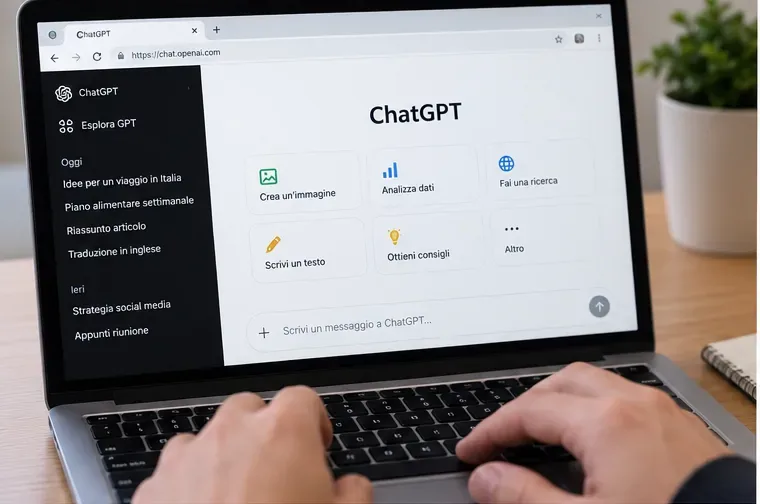 Schermata di esempio di ChatGPT su laptop con strumenti per creare immagini, analizzare dati e cercare sul web.
