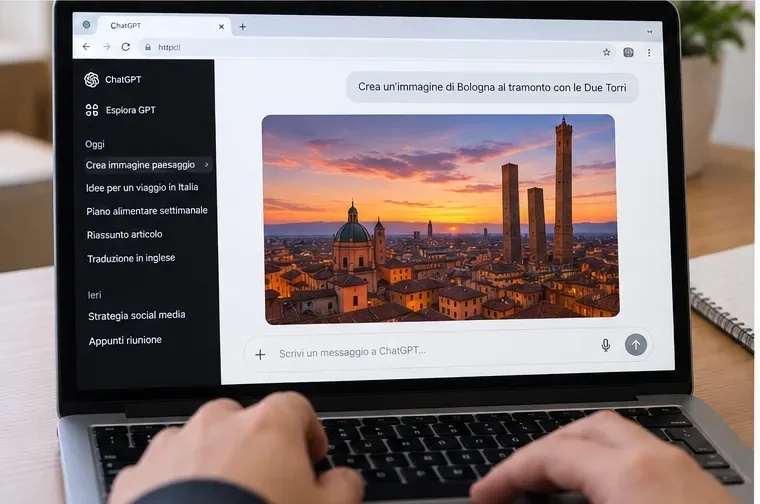 Conversazione di esempio in ChatGPT con richiesta di creare un'immagine di Bologna al tramonto.