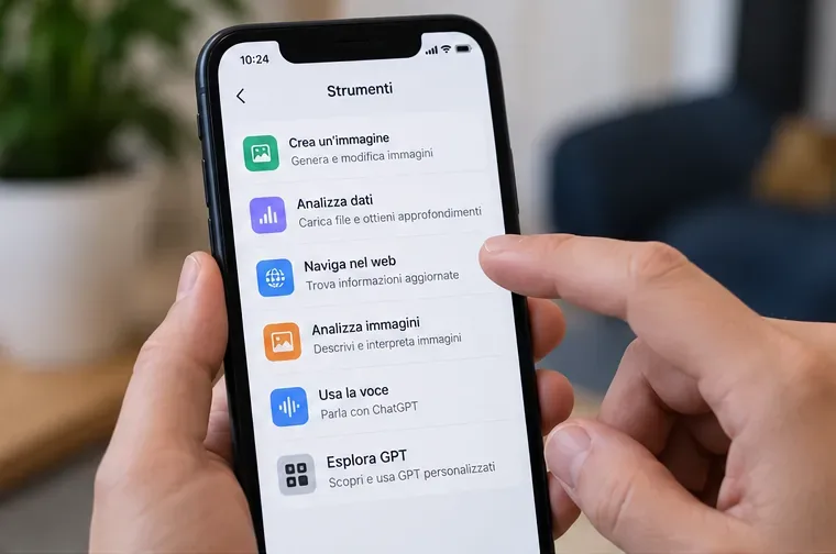 Menu di strumenti su smartphone con opzioni per immagini, analisi dati, navigazione web e voce.