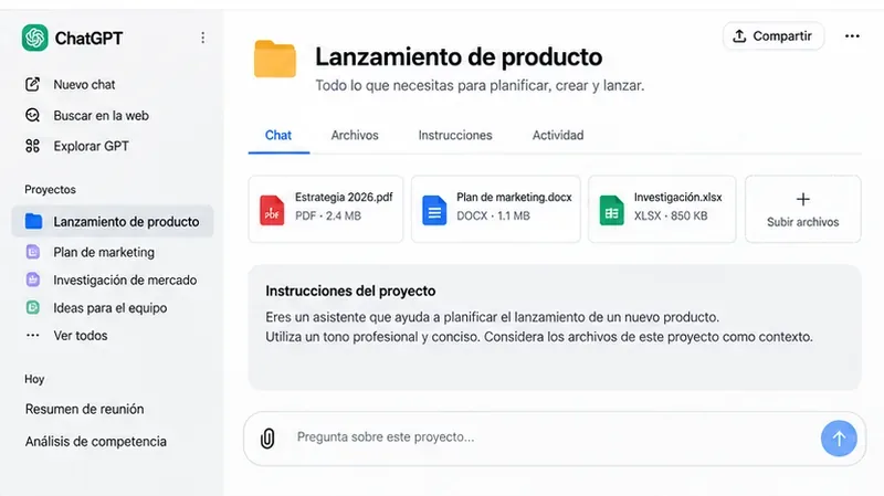 Ejemplo visual de un proyecto de ChatGPT con archivos de estrategia, marketing e investigación agrupados en un mismo espacio
