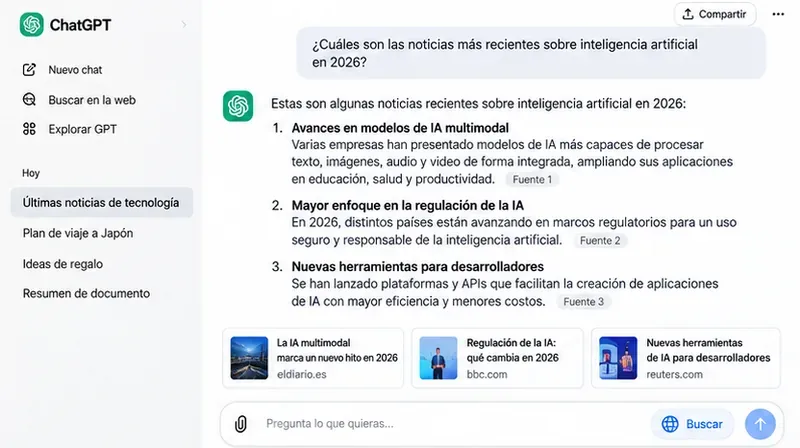 Ejemplo visual de ChatGPT realizando una búsqueda web y mostrando varias fuentes junto a la respuesta