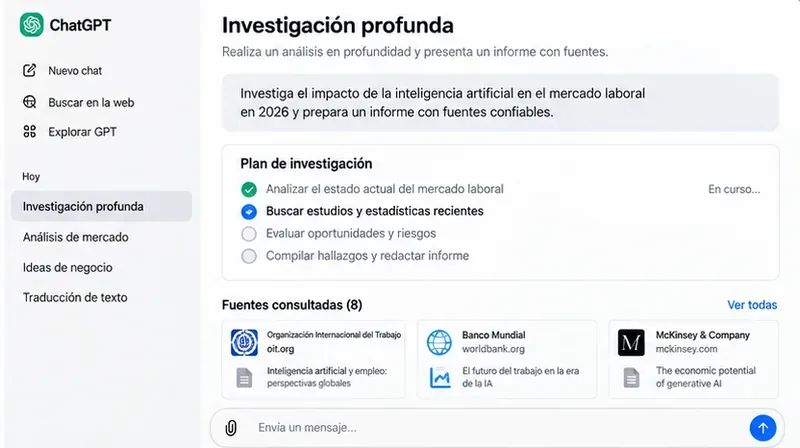 Ejemplo visual de una investigación profunda con un plan de trabajo y una lista de fuentes consultadas