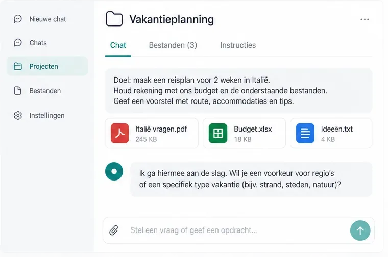Projectruimte met de titel Vakantieplanning, een instructiekaart en drie referentiebestanden