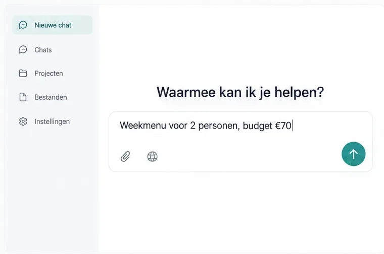 Chatvenster met de vraag: ‘Weekmenu voor 2 personen, budget €70’ in het invoerveld