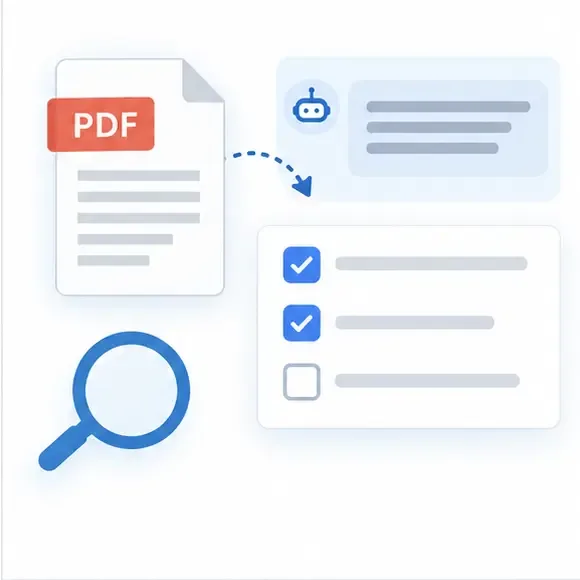 Ilustracja sprawdzania odpowiedzi ChatGPT na podstawie dokumentu PDF, lupy i checklisty