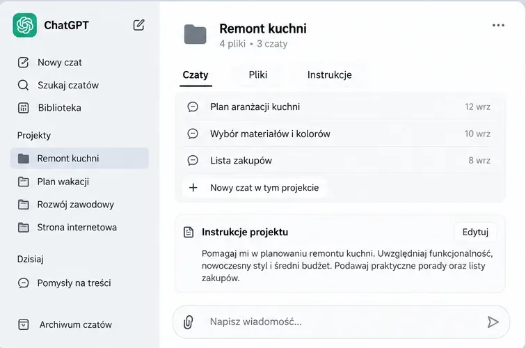Przykładowy widok projektu ChatGPT o nazwie Remont kuchni z osobnymi czatami, plikami i instrukcjami projektu