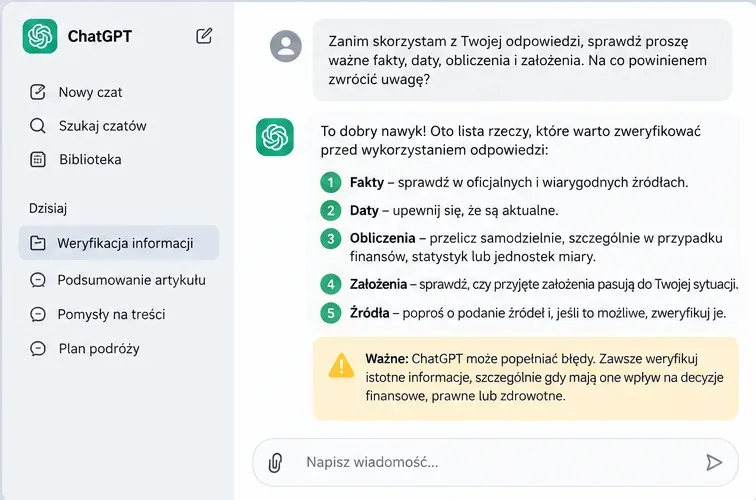 Przykładowy widok ChatGPT z checklistą weryfikacji faktów, dat, obliczeń, założeń i źródeł przed wykorzystaniem odpowiedzi