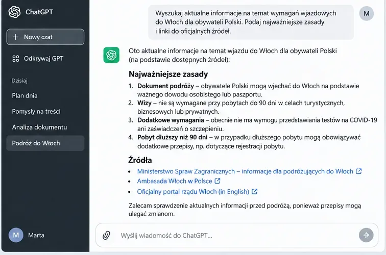 Przykładowy widok wyszukiwania aktualnych informacji w ChatGPT z listą zasad podróży i odnośnikami do źródeł