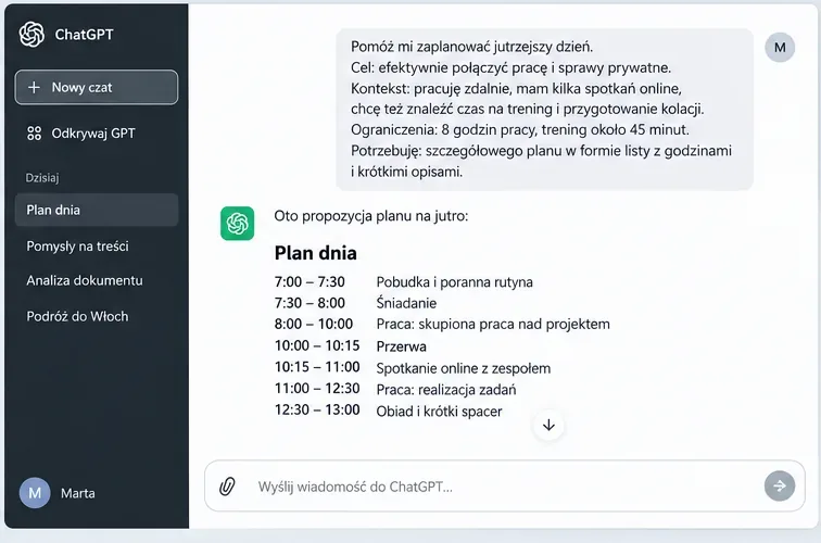 Przykładowy widok rozmowy w ChatGPT po polsku z poleceniem przygotowania planu dnia z godzinami pracy, treningiem i kolacją