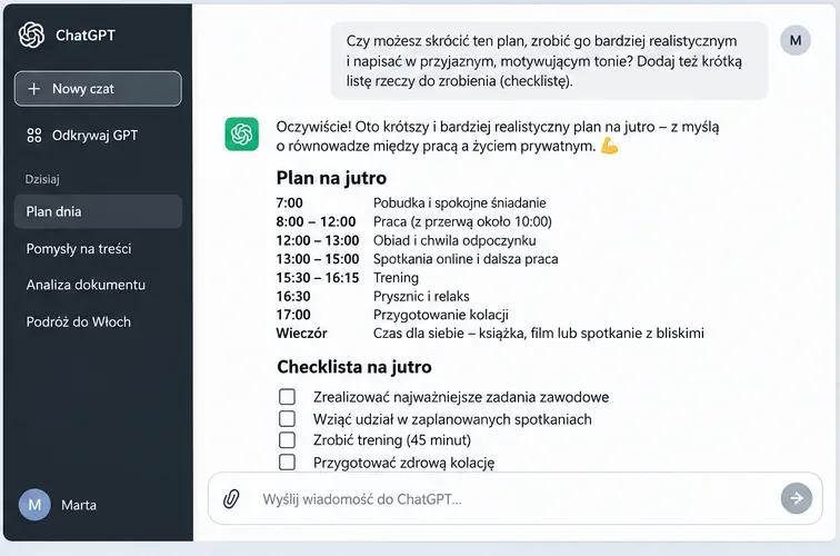 Przykładowy widok ChatGPT z poprawionym planem dnia oraz checklistą zadań na jutro