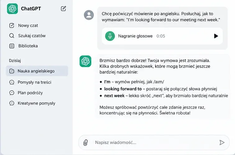 Przykładowy widok rozmowy głosowej w ChatGPT do ćwiczenia angielskiej wymowy z krótkimi wskazówkami językowymi