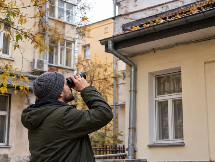 Un locatar privește de la sol jgheabul cu frunze folosind un binoclu