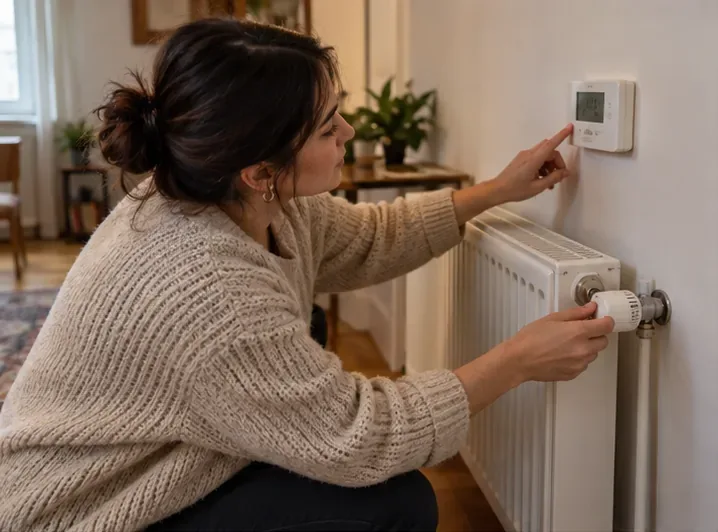 O persoană verifică robinetul unui radiator și termostatul de perete