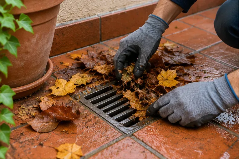 Retirada manual de hojas de un sumidero accesible en una terraza, utilizando guantes y sin trabajar en altura.