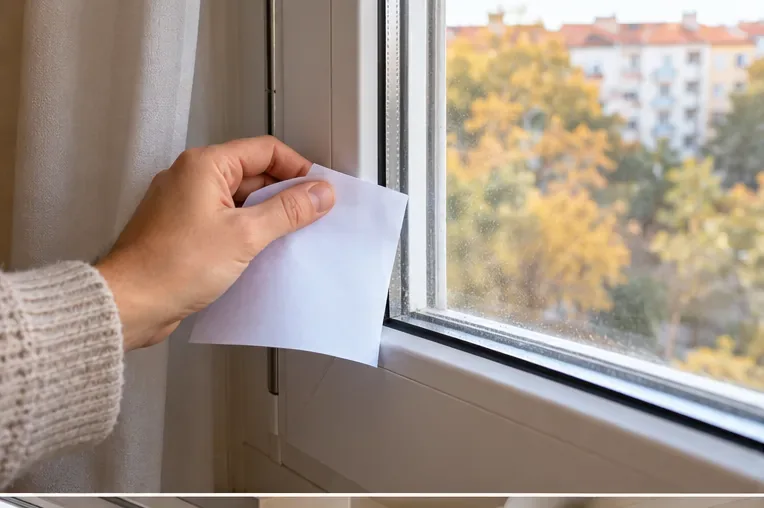 Comprobación sencilla de una junta de ventana con una hoja de papel junto al marco para detectar posibles entradas de aire.