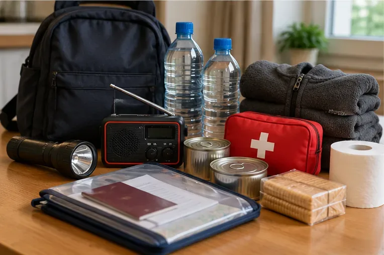 Kit doméstico de emergencia con agua, linterna, radio, botiquín, comida y documentación preparada para episodios adversos.