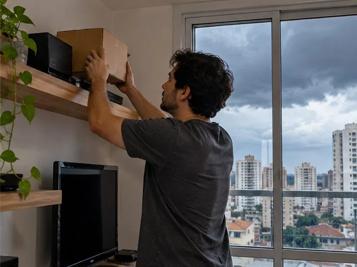 Morador colocando uma caixa e equipamentos eletrônicos em uma prateleira alta antes da chuva