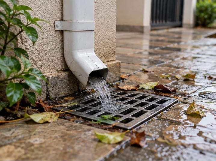 Água saindo de um condutor pluvial para uma grelha no piso, com algumas folhas molhadas ao redor