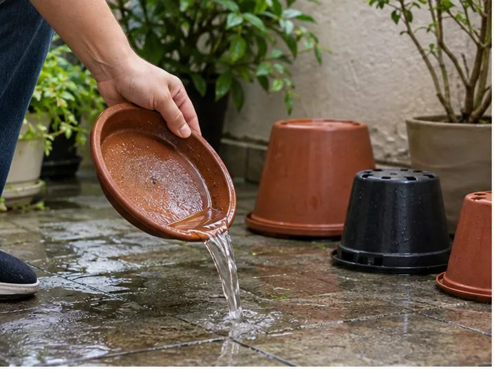 Água parada sendo despejada de um pratinho de planta em uma área externa com vasos