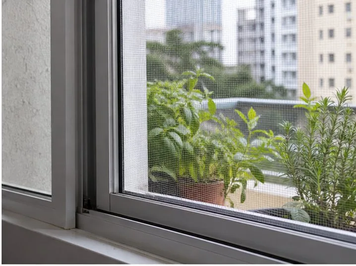 Tela mosquiteira instalada na janela aberta de um apartamento, com plantas na varanda
