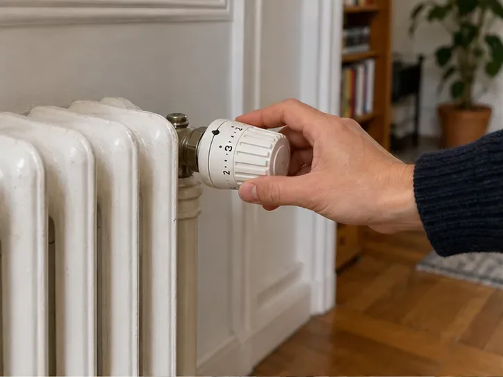 Une main tourne la molette d’un radiateur dans un appartement