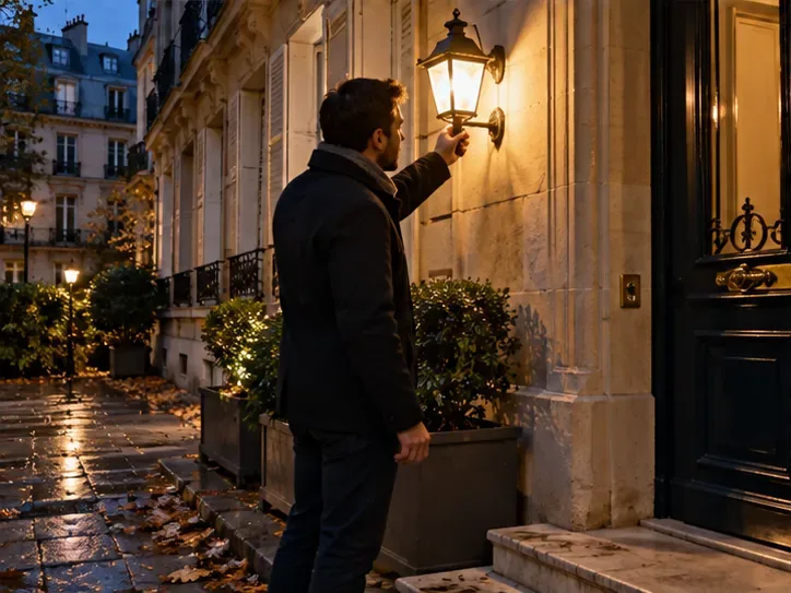 Une personne teste une applique extérieure allumée à l’entrée d’un immeuble parisien