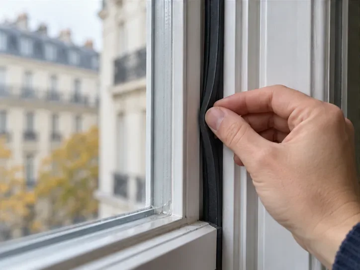 Une main touche le joint noir en caoutchouc d’une fenêtre fermée