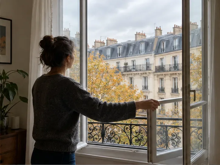 Une résidente ouvre une fenêtre dans un appartement parisien par une journée nuageuse