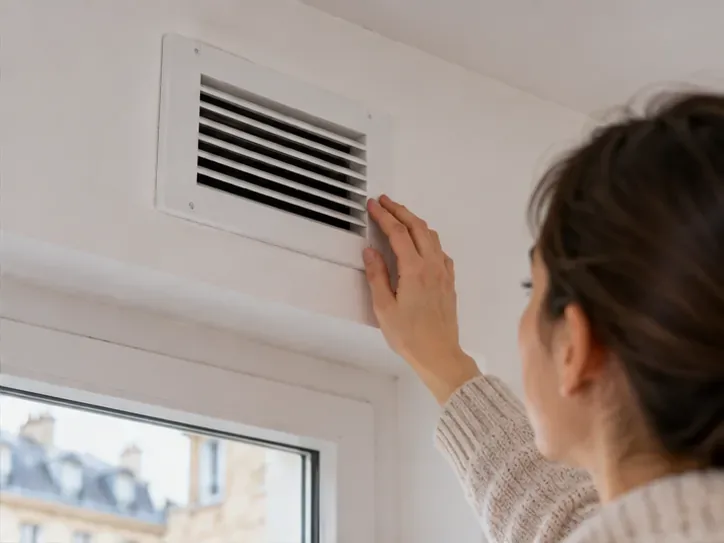 Une personne examine une grille de ventilation murale à l’intérieur d’un logement