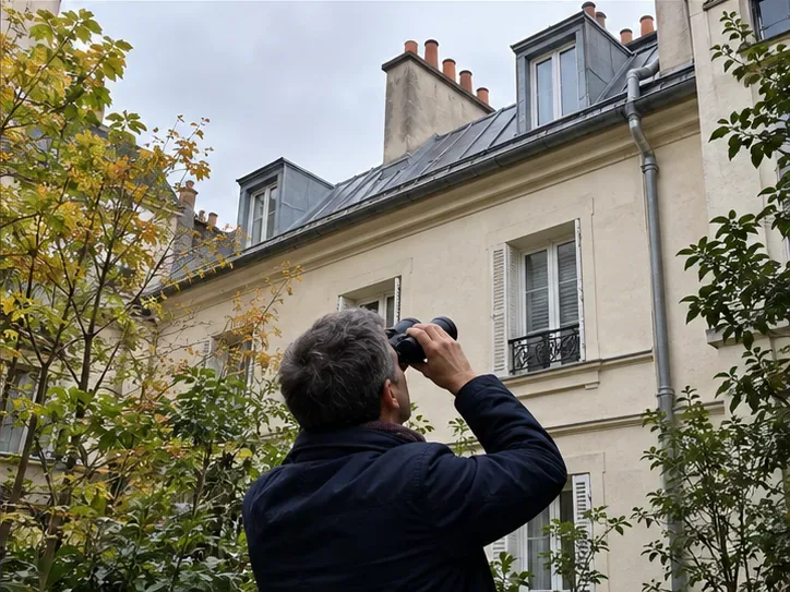 Une personne observe une gouttière depuis une cour en utilisant des jumelles