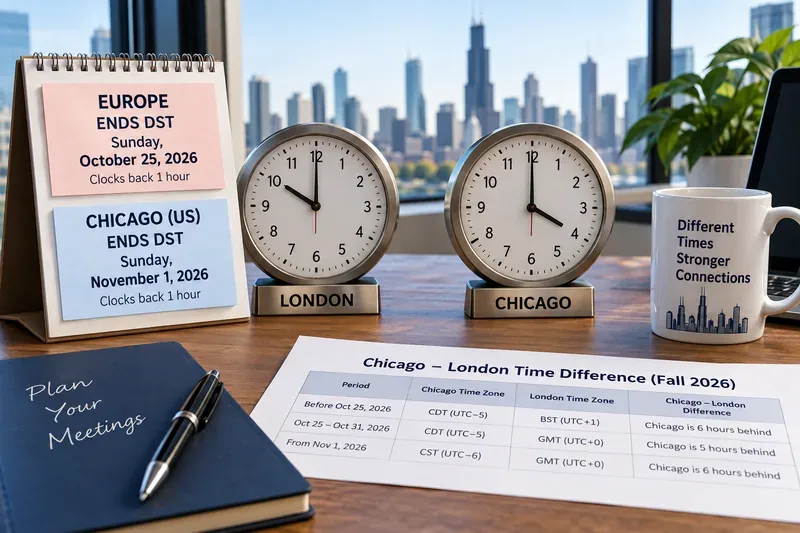 Chicago Daylight Saving Time Ends November 1, 2026: Chicago–London Meeting Times for the One-Week Clock Gap