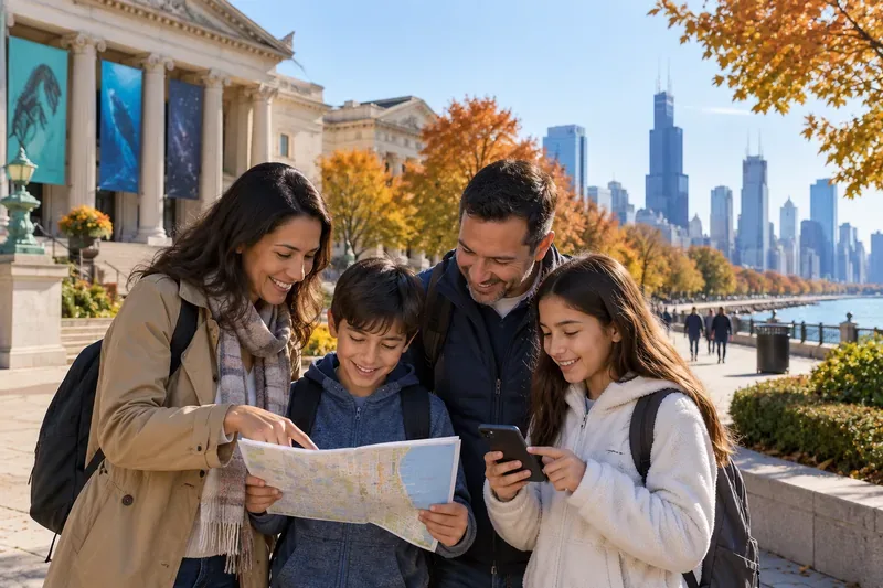 A family checks a city map and phone near a museum-lined waterfront on a sunny autumn day in Chicago.