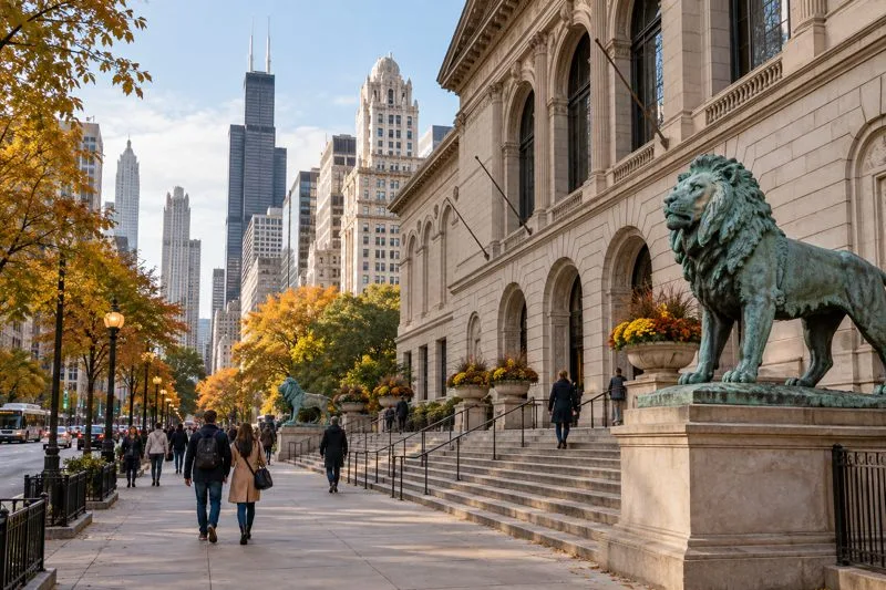 A stone cultural building with a bronze lion statue beside a Chicago street lined with early autumn trees and downtown buildings