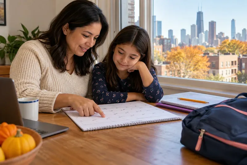 A parent and school-age child reviewing an October calendar at a table with school supplies while Chicago's skyline and autumn trees are visible through the window