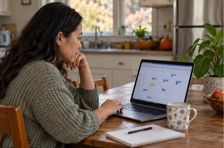 A Chicago resident checks a collection calendar on a laptop at home before setting out waste.