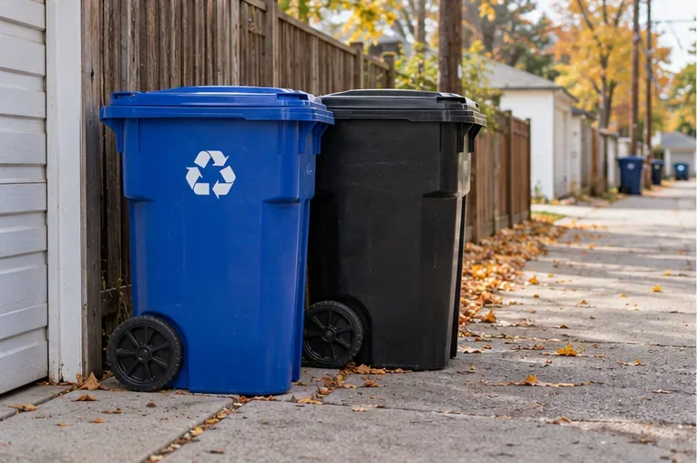 A blue recycling cart and a black garbage cart sit neatly beside a residential alley.
